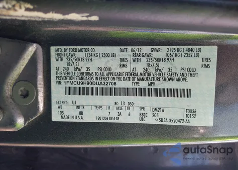 2013 Ford Escape Sel from USA, damaged, VIN 1FMCU9H90DUA32708